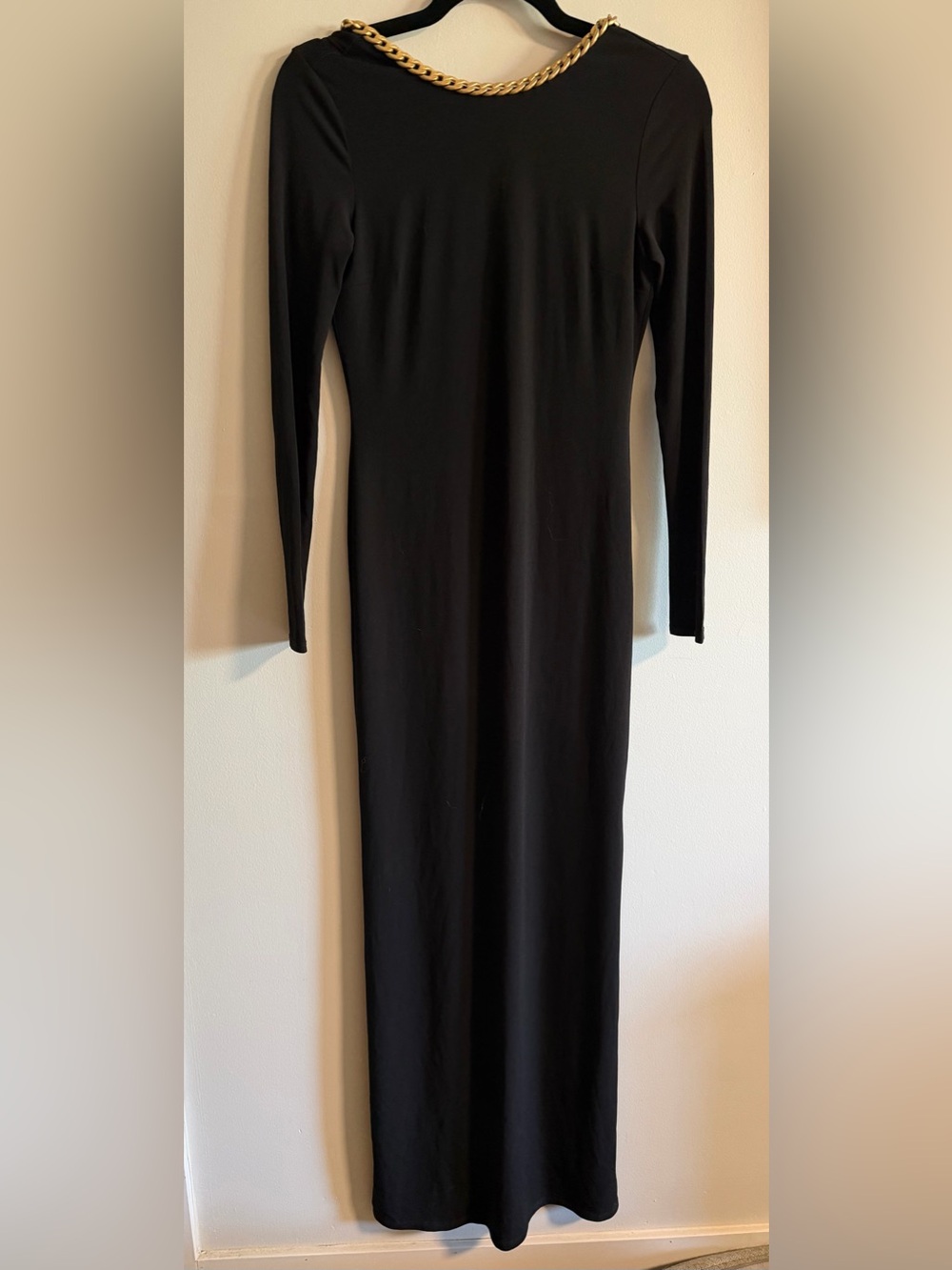 Black Long-Sleeve Maxi Dress with Gold Chain Detail